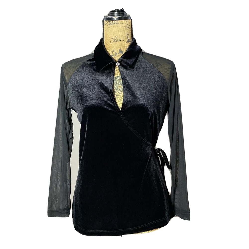 NWT Maria Gabrielle Blouse MED Black Velvet Wrap Sexy Keyhole Sheer Sl Top